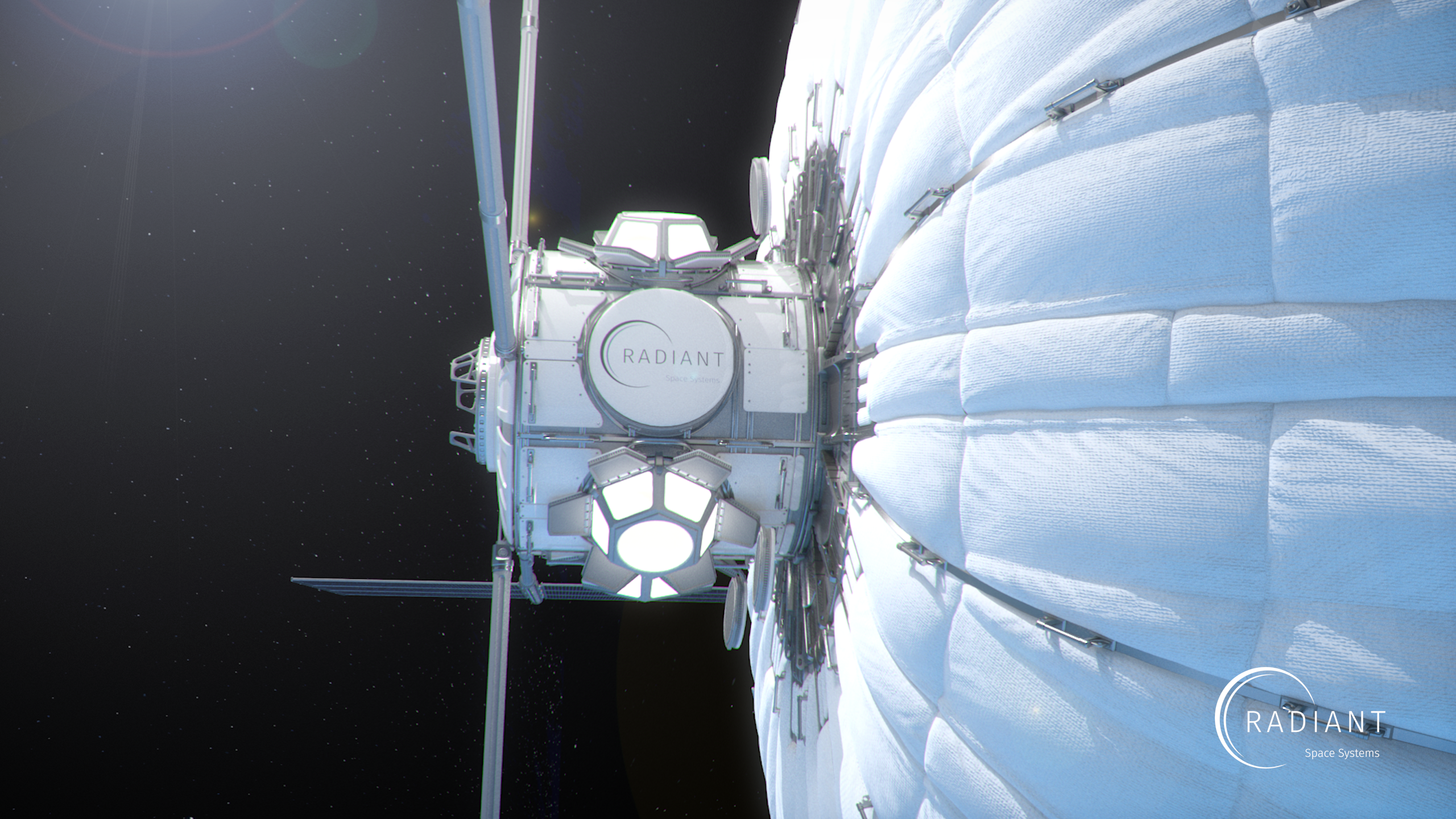 Exterior render of Earthshine Mini where light is hitting the airlock and expandable habitat. Radiators and solar arrays are extending off the image.