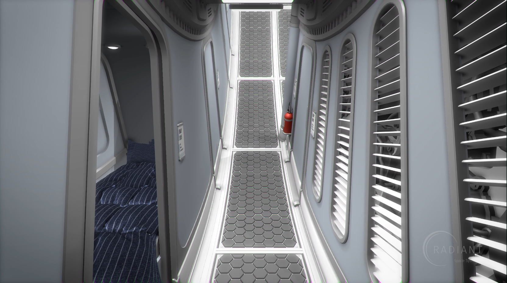 Digital rendering of Earthshine Mini hallway and open door to bedroom.