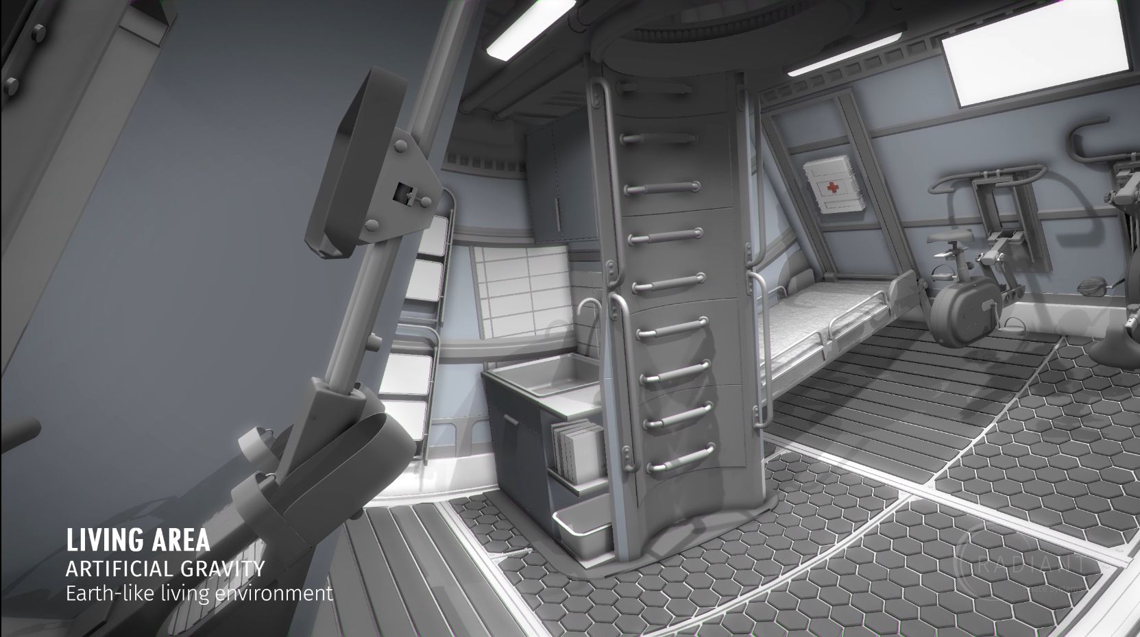 Digital rendering of utility room with places for gym equipment, laundry, and medical room which can be walled-off.