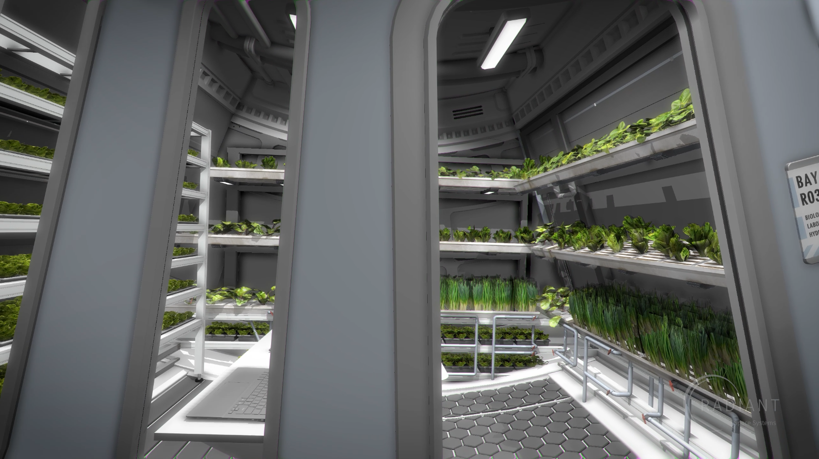 Digital rendering of a closed-off room with rows of hydroponics fresh greens lining the walls. A table with laptops is in the middle of the room.