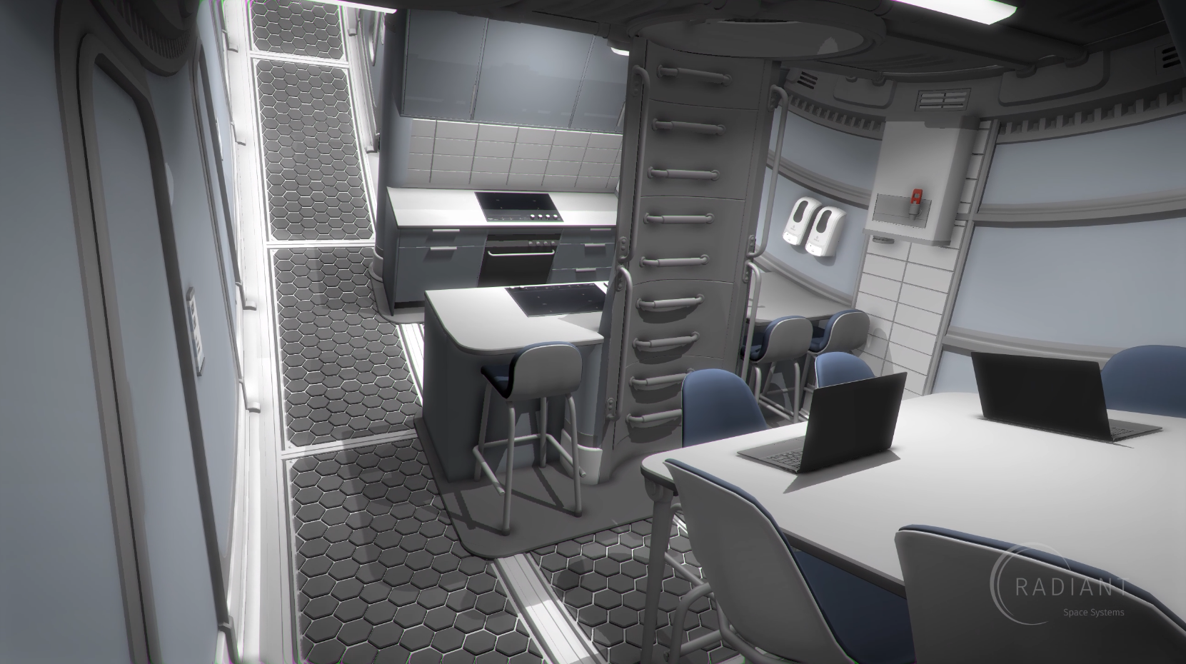 Digital rendering of a kitchen with earth-standard appliances and a large dining table with laptops on it.