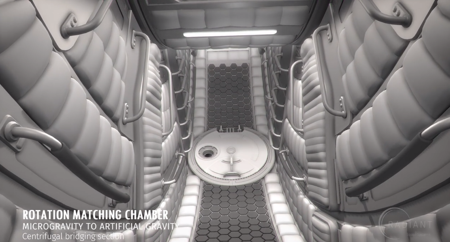 Digital rendering of the rotation matching chamber. Spaces on the wall for astronauts to buckle-up, once rotation is matched, they can walk to the bulkhead door in the floor and climb down the ladder.