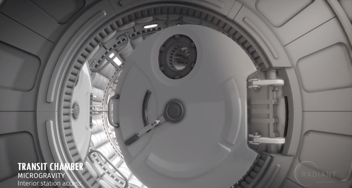 Digital rendering of interior of Earthshine Mini. Round bulkhead door opens to the transit chamber in microgravity.